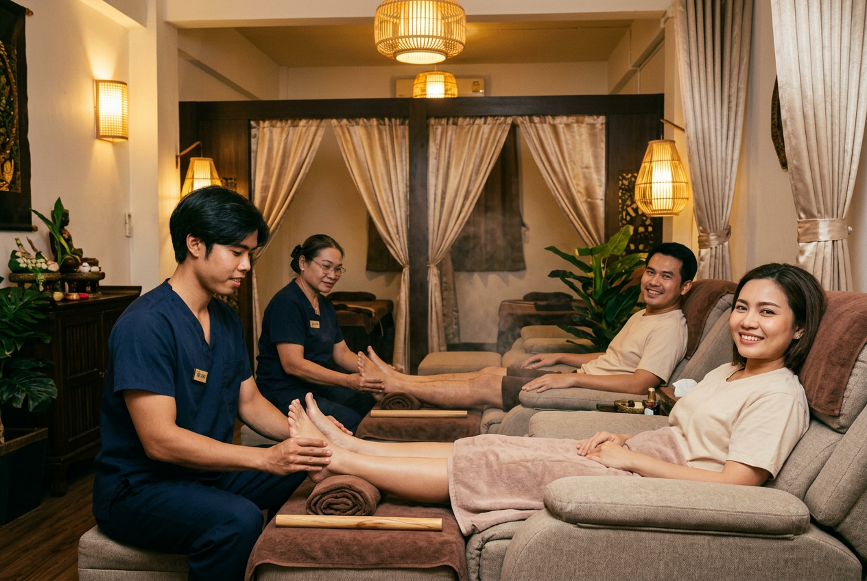 ภาพประกอบสร้างด้วย AI: ลูกค้าคู่รับบริการนวดเท้าร้านนวดขอนแก่น (ไม่ใช่ภาพถ่ายที่ร้าน)