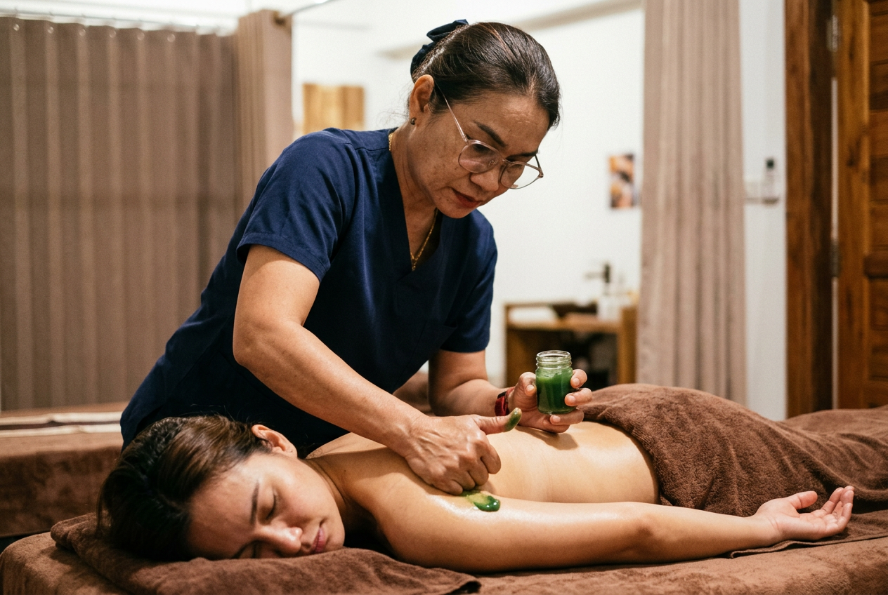 ภาพประกอบนวดยาหม่อง รีดเส้น สร้างด้วย AI ไม่ใช่ภาพถ่ายที่ร้าน