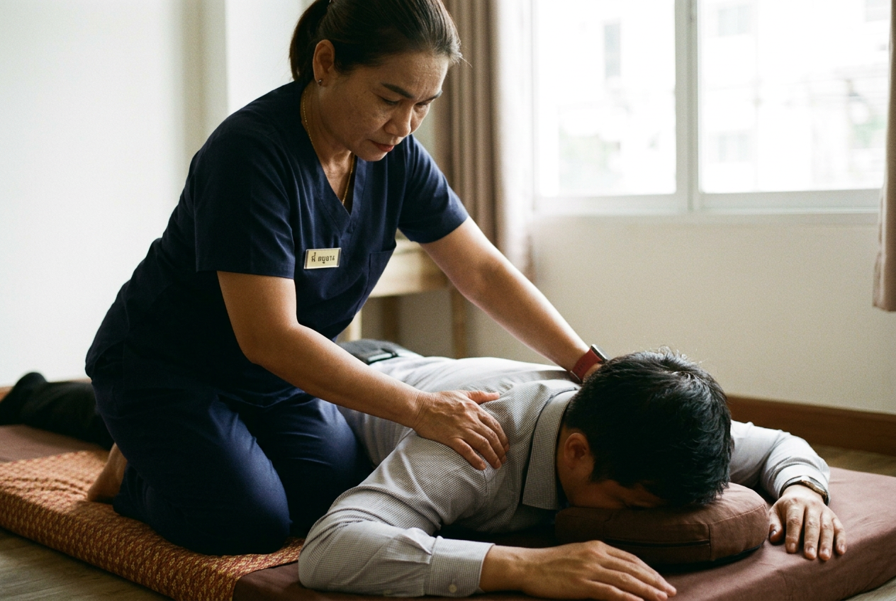 ภาพประกอบสร้างด้วย AI: หมอนวดหญิงนวดบ่าคนทำงานออฟฟิศ ขอนแก่น