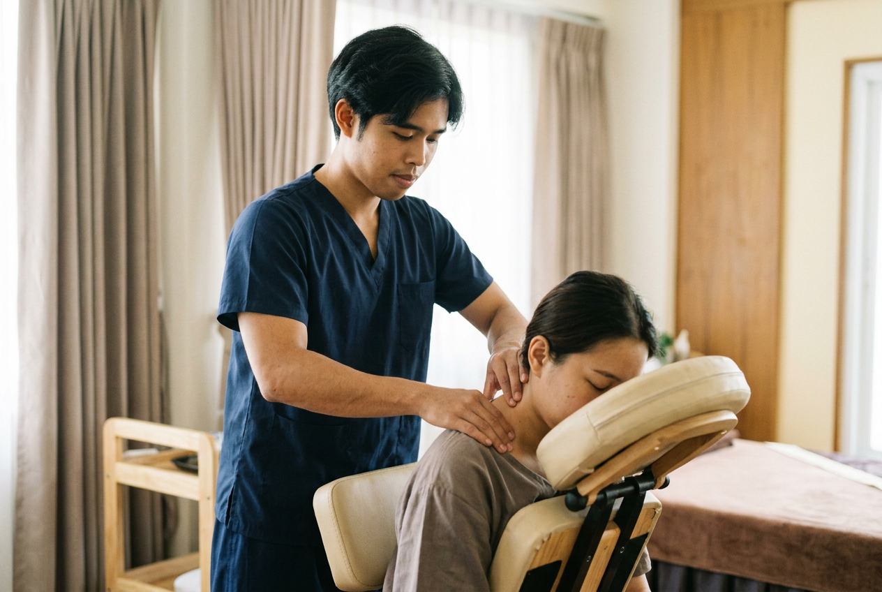 ภาพประกอบสร้างด้วย AI: หมอนวดชายนวดคอและบ่าลูกค้านั่ง ร้านน้ำทิพย์