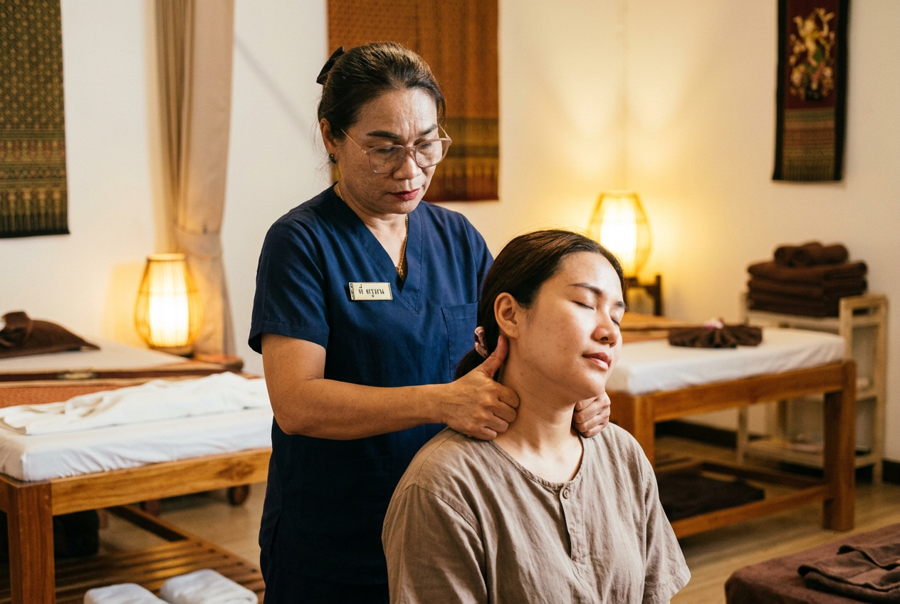 ภาพประกอบนวดคอ บ่า ไหล่ สร้างด้วย AI ไม่ใช่ภาพถ่ายที่ร้าน