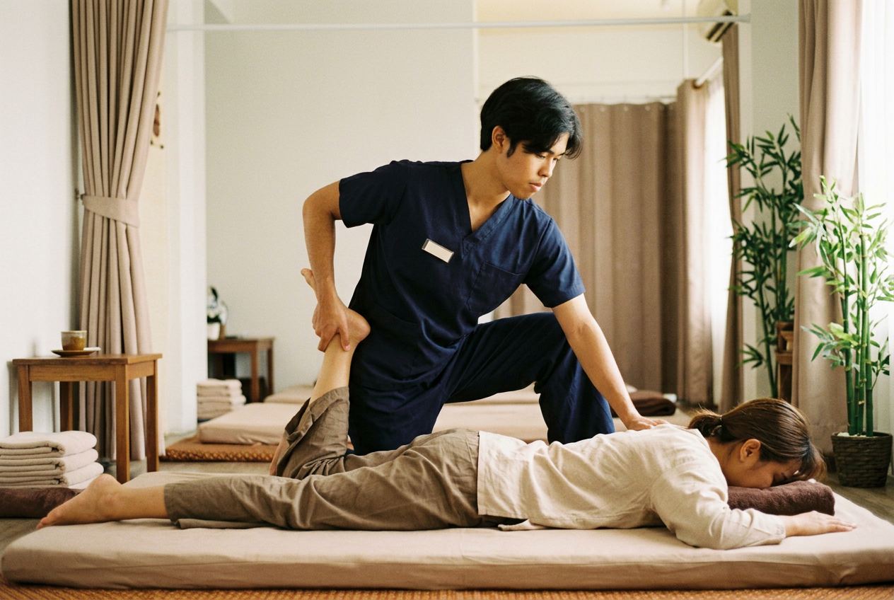 ภาพประกอบสร้างด้วย AI: หมอนวดชายยืดเหยียดขาลูกค้า นวดไทยขอนแก่น